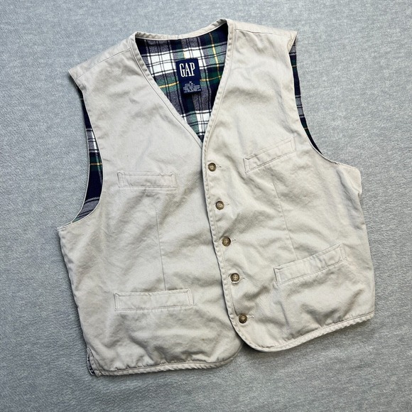 Vintage‎ GAP Vest Mens Medium Beige Flannel Lined Waistcoat Buckle Back Travel - Picture 1 of 11